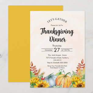 Invitation Citrouille d'aquarelle tournesol Thanksgiving Dîne