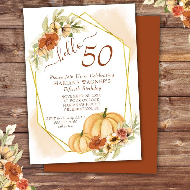 Invitation Citrouille d'automne aquarelle rustique 50e annive (Créateur téléchargé)