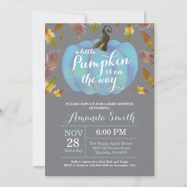 Invitation Citrouille  d'automne Baby shower bleu et gris (Devant)