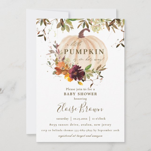 Invitation Citrouille d'automne Bourgogne Orange Baby shower  (Devant)