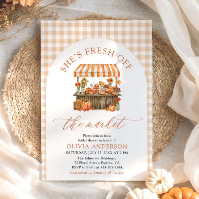 Invitation Citrouille d'automne frais hors Fête des mariées d (Arch Orange Gingham Fall Pumpkin Fresh Off the Market Bridal Shower Invitation)