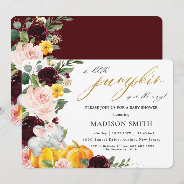 Invitation Citrouille de Bourgogne Baby shower d'éléphant    (Devant / Derrière)