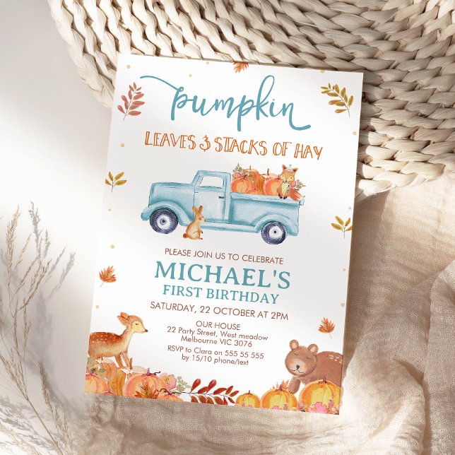 Invitation Citrouille de camion marron rustique pour 1er anni (Fall Pumpkin Truck First Birthday Invitation Template Printable Pumpkins Leaves and Stacks Hay )