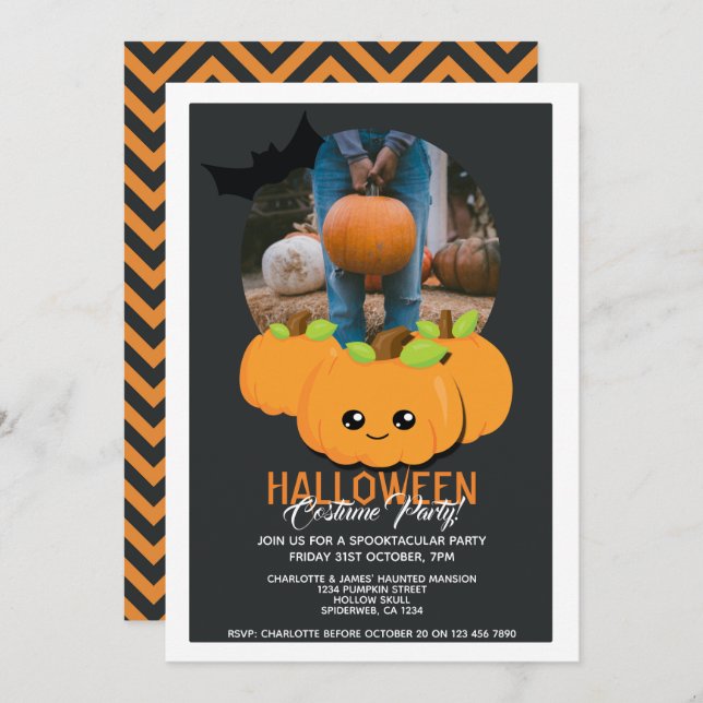 Invitation Citrouille De La Fête D'Halloween Et Bat Personnal (Devant / Derrière)