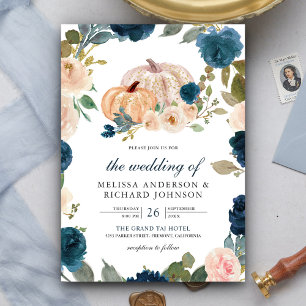 Invitation Citrouille de mariage florale bleu marine et pêche