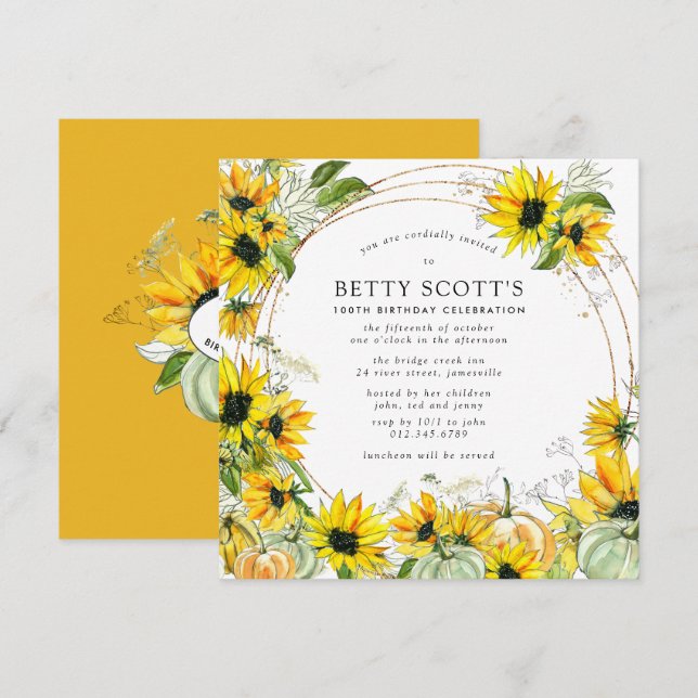 Invitation Citrouille de tournesol automne 100e anniversaire (Devant / Derrière)