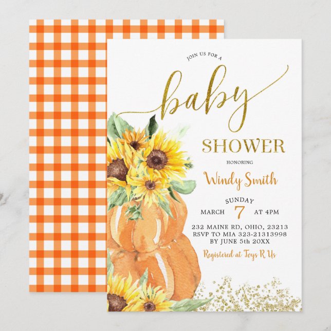 Invitation Citrouille de tournesol Baby shower d'automne Invi (Devant / Derrière)