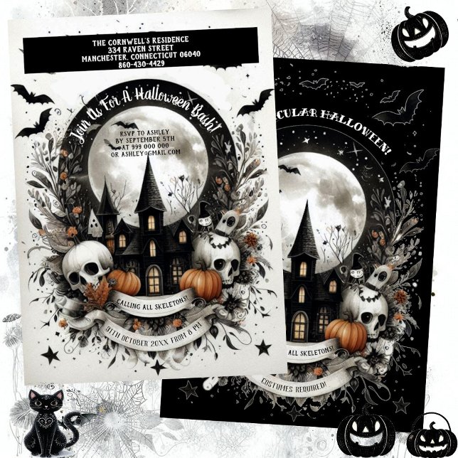 Invitation Citrouille des crânes Maison hantée Halloween Bash (Skulls Pumpkin Haunted House Halloween Bash Gothic Invitation)
