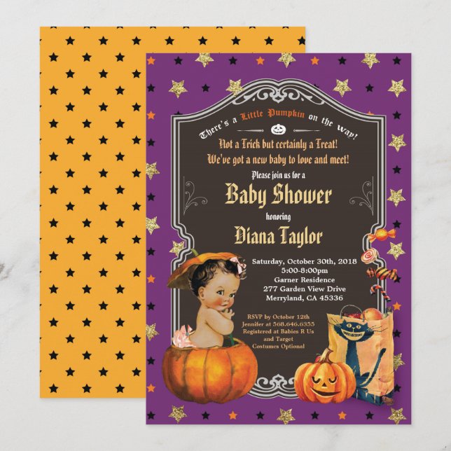 Invitation Citrouille d'Halloween bébé fille douche or violet (Devant / Derrière)
