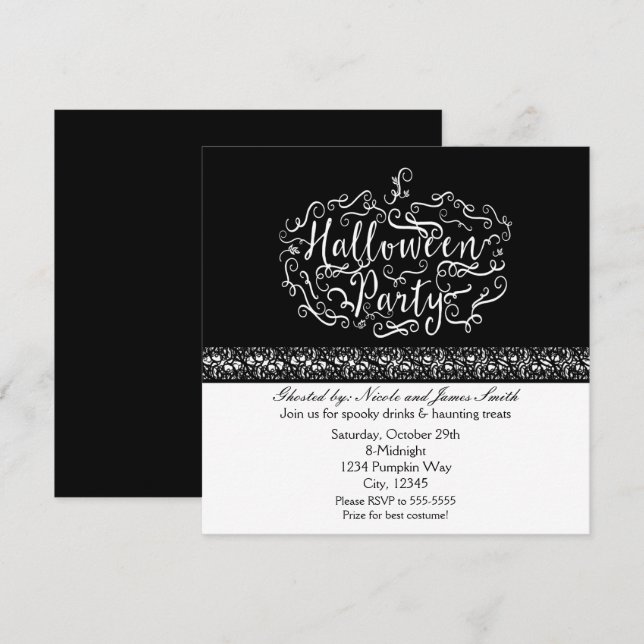 Invitation Citrouille d'Halloween Elegant noir blanc Invitati (Devant / Derrière)