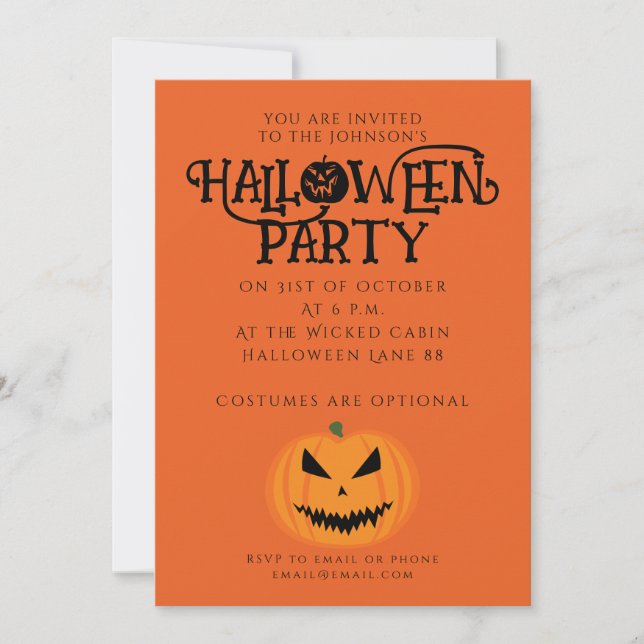 Invitation Citrouille d'Halloween Jack O'Lantern noir orange  (Devant)