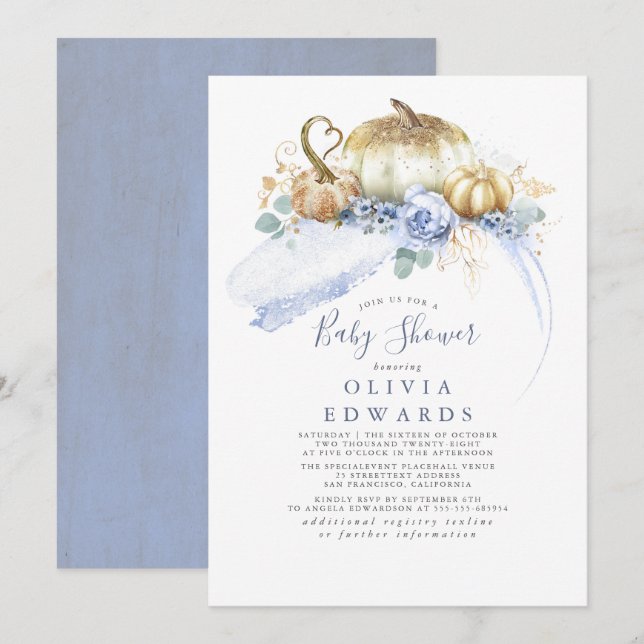 Invitation Citrouille d'or Dusty Blue Floral Baby shower d'au (Devant / Derrière)