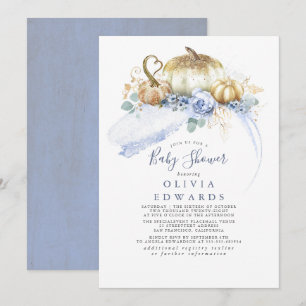 Invitation Citrouille d'or Dusty Blue Floral Baby shower d'au