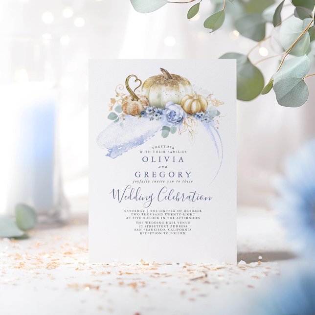 Invitation Citrouille d'or Dusty Blue Floral Mariage de autom (Gold Pumpkins and Dusty Blue Flowers Fall Wedding Invitations)