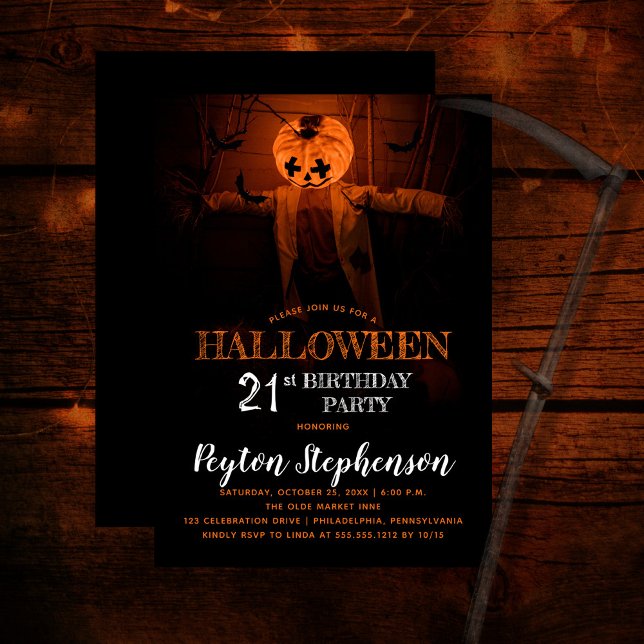 Invitation Citrouille effrayant Halloween fête de 21ème anniv (Creepy barn scene pumpkin scarecrow adult Halloween 21st Birthday Party Invitation)