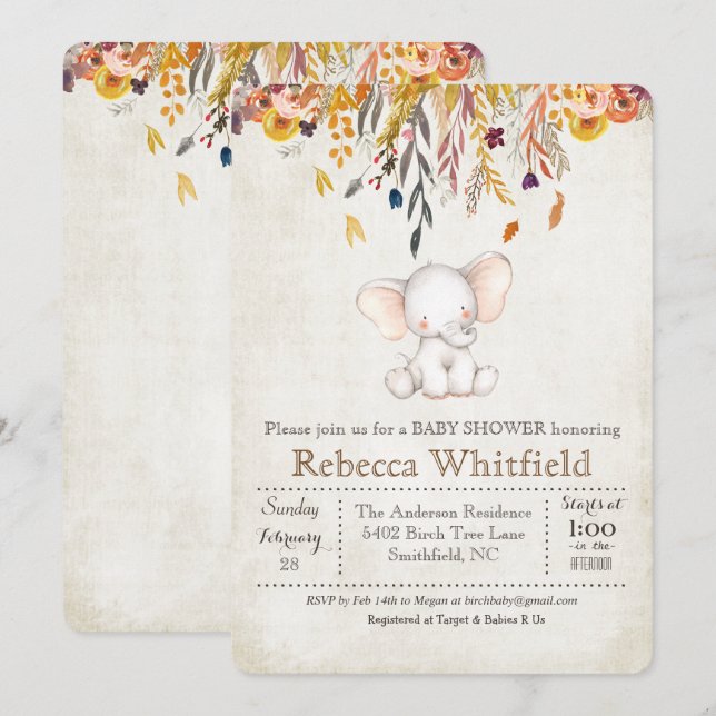Invitation Citrouille Elephant Fall Baby shower (Devant / Derrière)