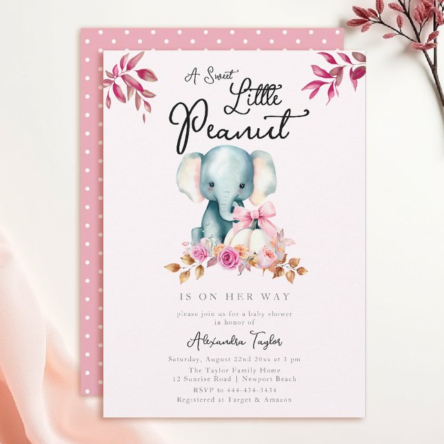 Invitation Citrouille Eléphant mignon automne laisse Baby sho (fall baby shower themes little peanut elephant pumpkin greenery floral watercolor pink burgundy)