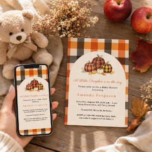 Invitation Citrouille en route automne orange carreaux Baby S