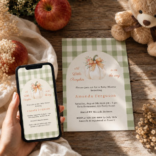 Invitation Citrouille en route automne sauge carreau Baby Sho
