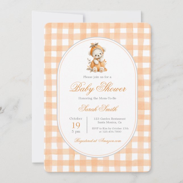 Invitation Citrouille En vichy Baby shower fille (Devant)
