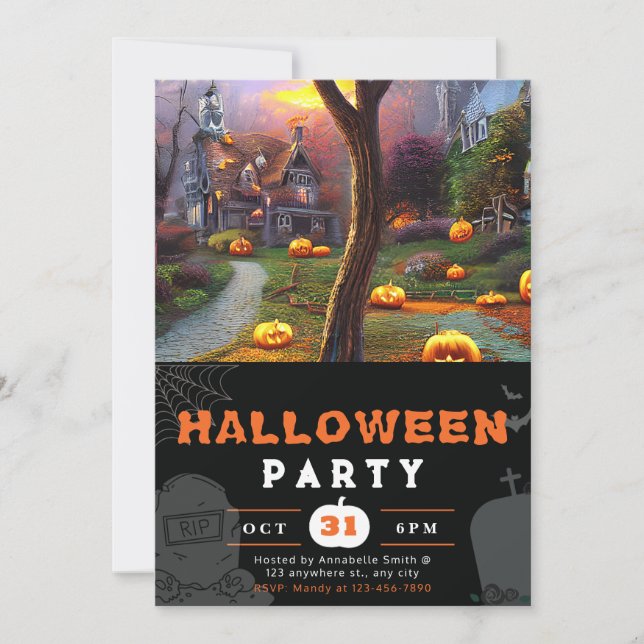 Invitation Citrouille et maison hantée Halloween noir (Devant)