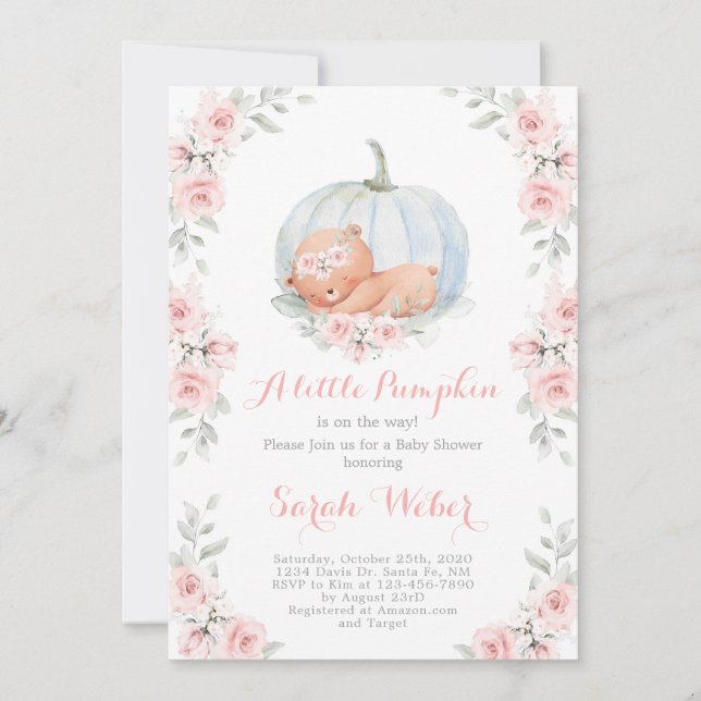 Invitation Citrouille et ours Baby shower fille (Devant)