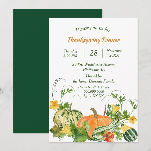 Invitation Citrouille et Squash Bounty Thanksgiving Dîner (Devant / Derrière)
