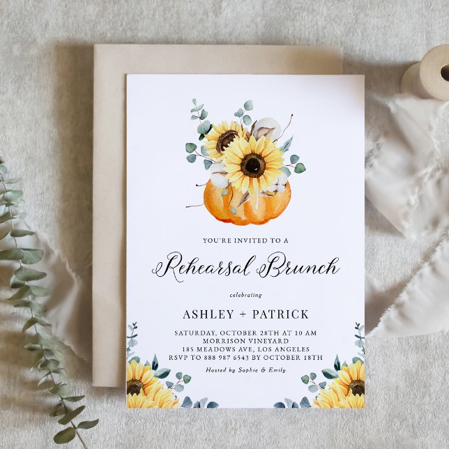 Invitation Citrouille et tournesols Répétition d'automne Brun (Customizable fall rehearsal brunch invitation featuring watercolor pumpkin, sunflowers and greenery.)