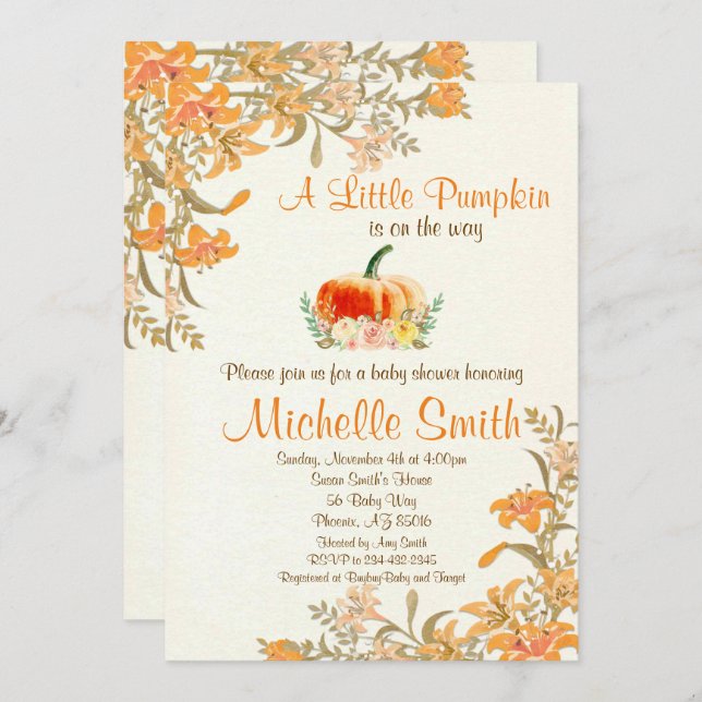 Invitation Citrouille Fall Floral Rustic Baby shower invitati (Devant / Derrière)