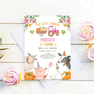 Invitation Citrouille Farm Barnyard Pink Fille fête Anniversa
