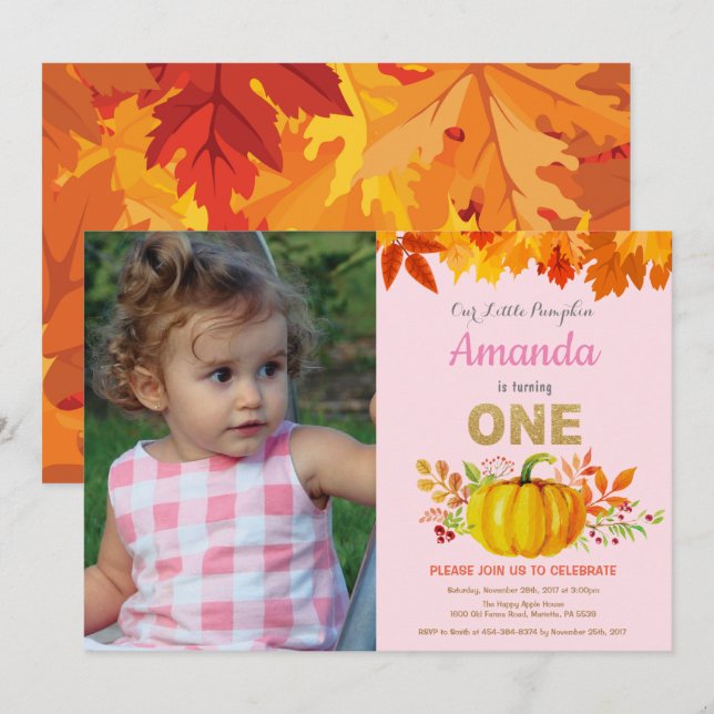 Invitation Citrouille Fille Automne Premier Anniversaire Pail (Devant / Derrière)