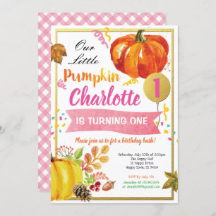 Invitation Citrouille fille premier anniversaire rose et or