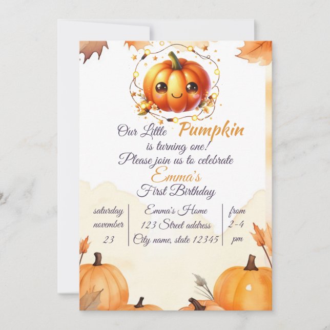 Invitation Citrouille Fleur sauvage Automne Aquarelle Anniver (Devant)