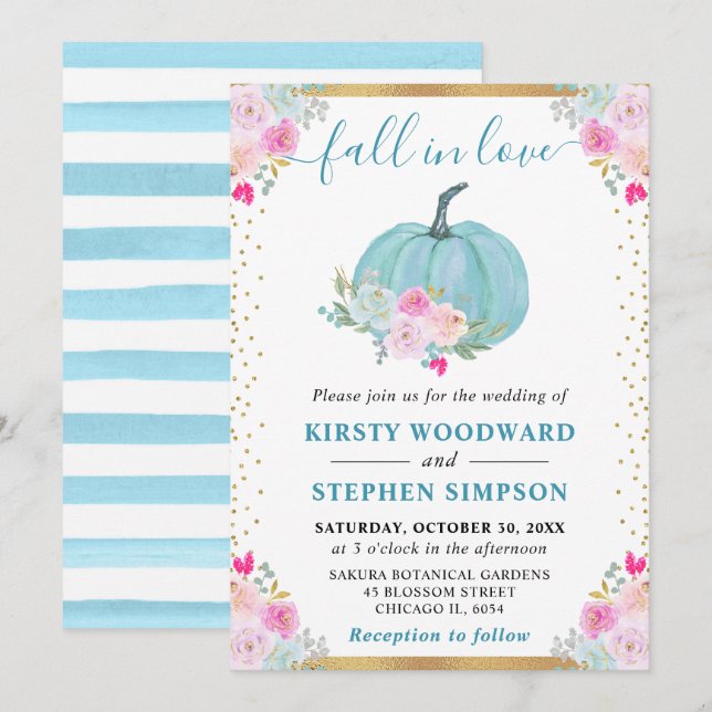 Invitation Citrouille Fleurie Bleue Mariage d'Automne (Devant / Derrière)