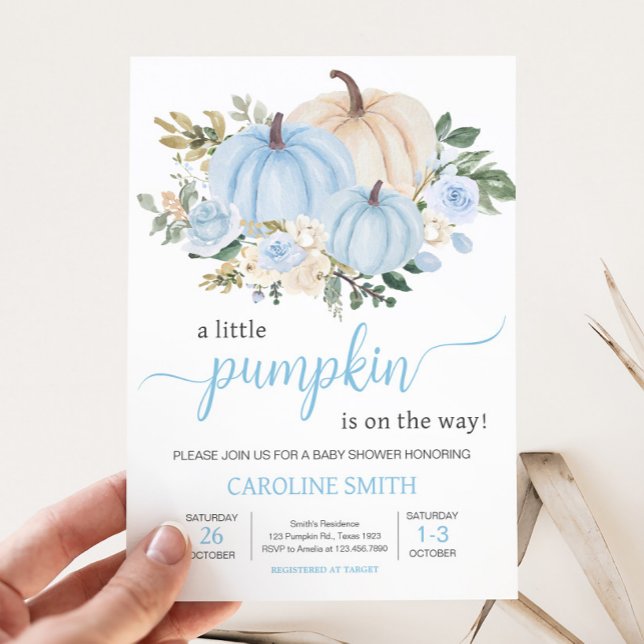 Invitation Citrouille Fleurie de Chute Bleue (Fall Pumpkin Baby Shower Invitation
)