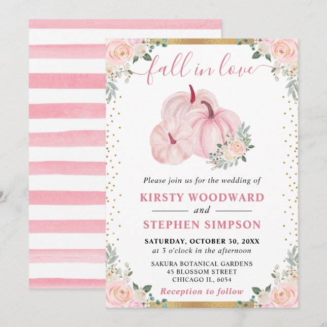 Invitation Citrouille Fleurie Rose Clair Mariage d'Automne (Devant / Derrière)