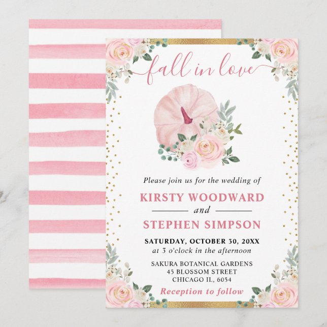 Invitation Citrouille Fleurie Rose Clair Mariage d'Automne (Devant / Derrière)
