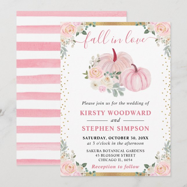 Invitation Citrouille Fleurie Rose Clair Mariage d'Automne (Devant / Derrière)