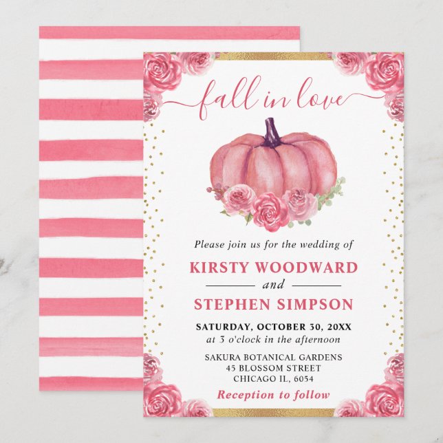 Invitation Citrouille Fleurie Rose Mariage d'Automne (Devant / Derrière)