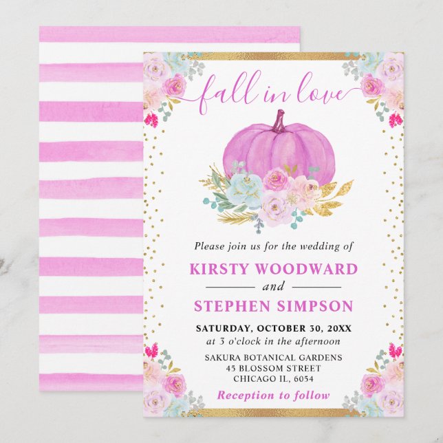 Invitation Citrouille Fleurie Rose Mariage d'Automne (Devant / Derrière)