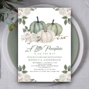 Invitation Citrouille Fleurie Vert Sauge Baby Shower d'Automn