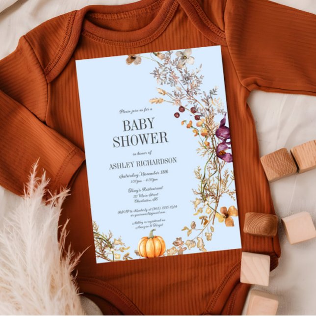 Invitation Citrouille Floral Automne Boho Baby shower Invitat (Fall Pumpkin Floral Baby Shower Invitation, Baby Blue Shower Invite, Wildflowers, Autumn )