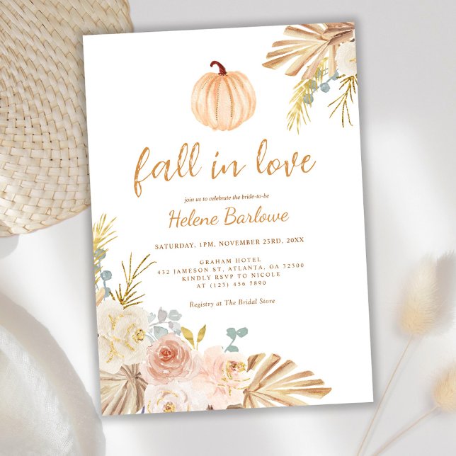 Invitation Citrouille Floral Chute En Amour Fête des mariées  (Floral Pumpkin Fall In Love Boho Bridal Shower Invitation)