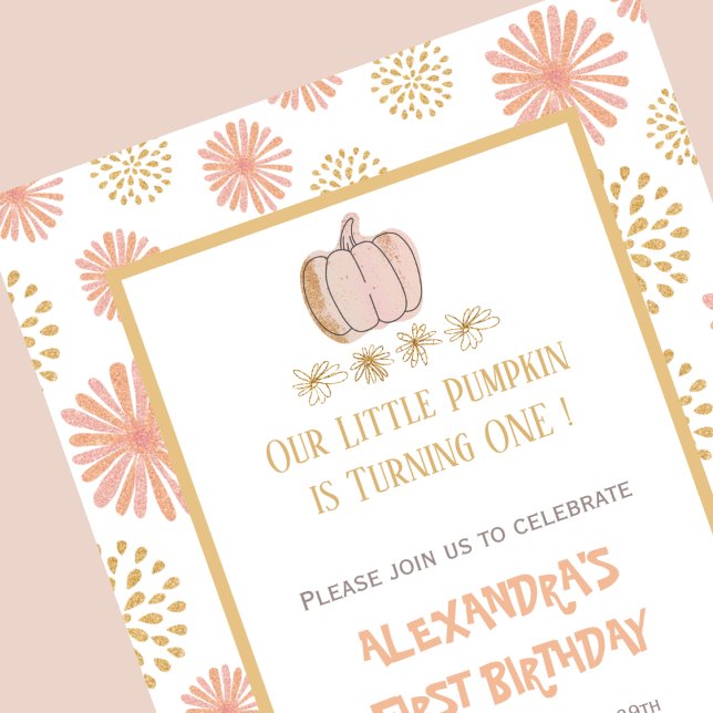 Invitation Citrouille Floral Rose or Halloween 1er anniversai (Halloween-1st-birthday-Invitation-Pumpkin-Floral-Pink-Gold-1)