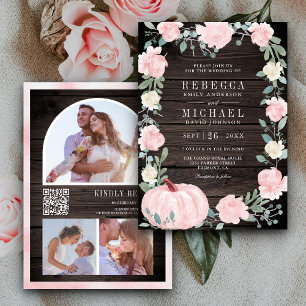 Invitation Citrouille floral rose pâle QR Code Mariage bois
