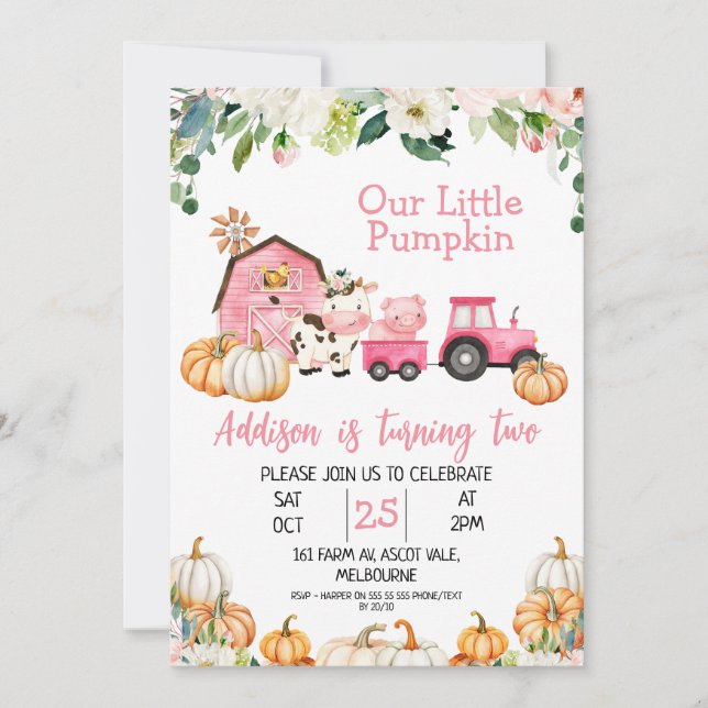 Invitation Citrouille Floral Tracteur ferme Anniversaire Invi (Devant)