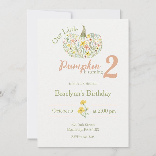 Invitation Citrouille Florale Aquarelle 2e Anniversaire (Devant)