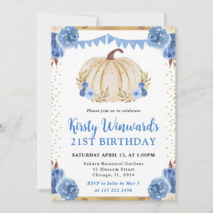 Invitation Citrouille Florale Bleue et Or Automne 21e Anniver