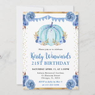 Invitation Citrouille Florale Bleue et Or Automne 21e Anniver
