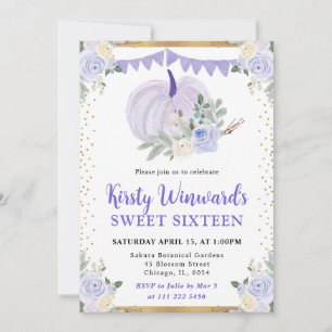 Invitation Citrouille Florale Violet Pastel Automne Douce 16 